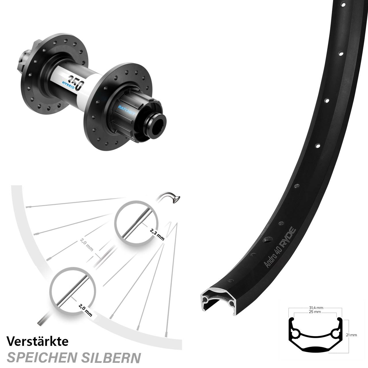 Laufrad 27,5 Zoll Ryde Andra 40 Disc DT Swiss 350 Hybrid Singlespeed 12x148 6-Loch