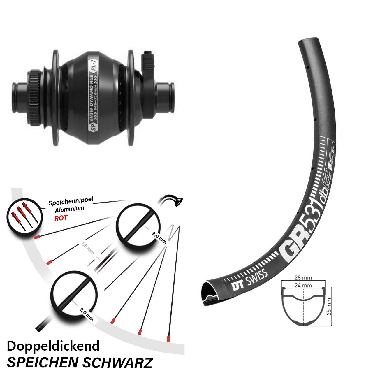 Centerlock Vorderrad mit Dynamo 27,5 Zoll DT Swiss GR 531 Shutter Precision PL-7 12x100