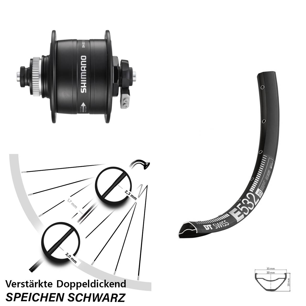 Nabendynamo-Vorderrad Centerlock 29 Zoll DT Swiss E532 Shimano DH-3D37 für Schnellspanner