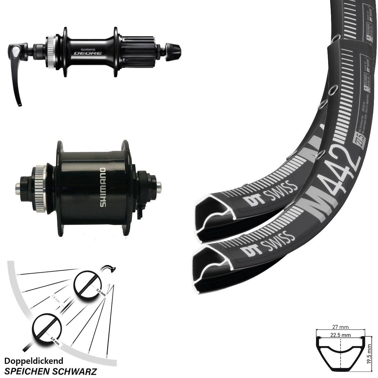 28-29 Zoll DT Swiss M 442 Shimano DH-UR700-3D-Deore Laufrad-Satz QR 8-11 fach HG