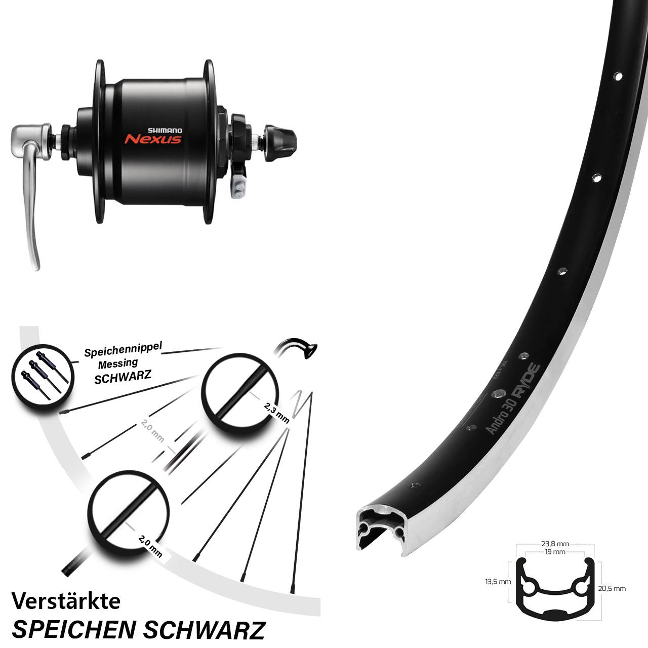 28 Zoll Ryde Andra 30 Shimano DH-C3000-3N Nabendynamovorderrad QR verstärkt