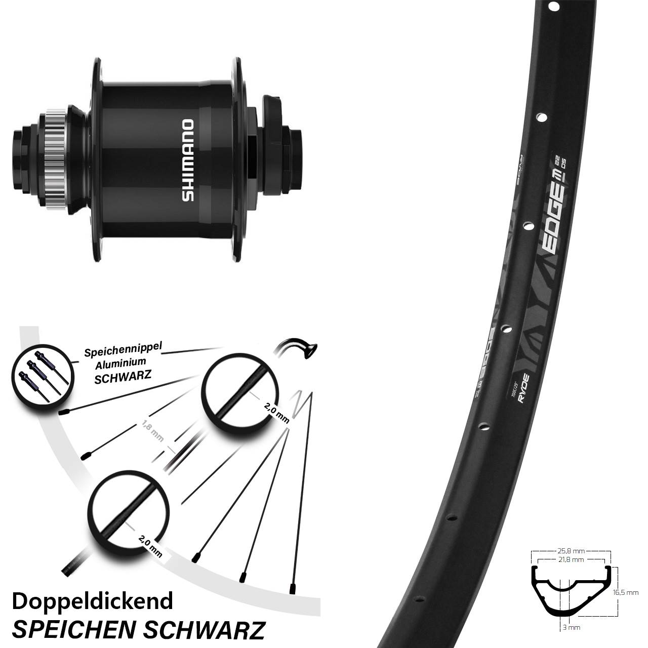 Nabendynamo-Vorderrad Centerlock 28 Zoll Ryde Edge M22 Shimano DH-UR708-3D 15x100