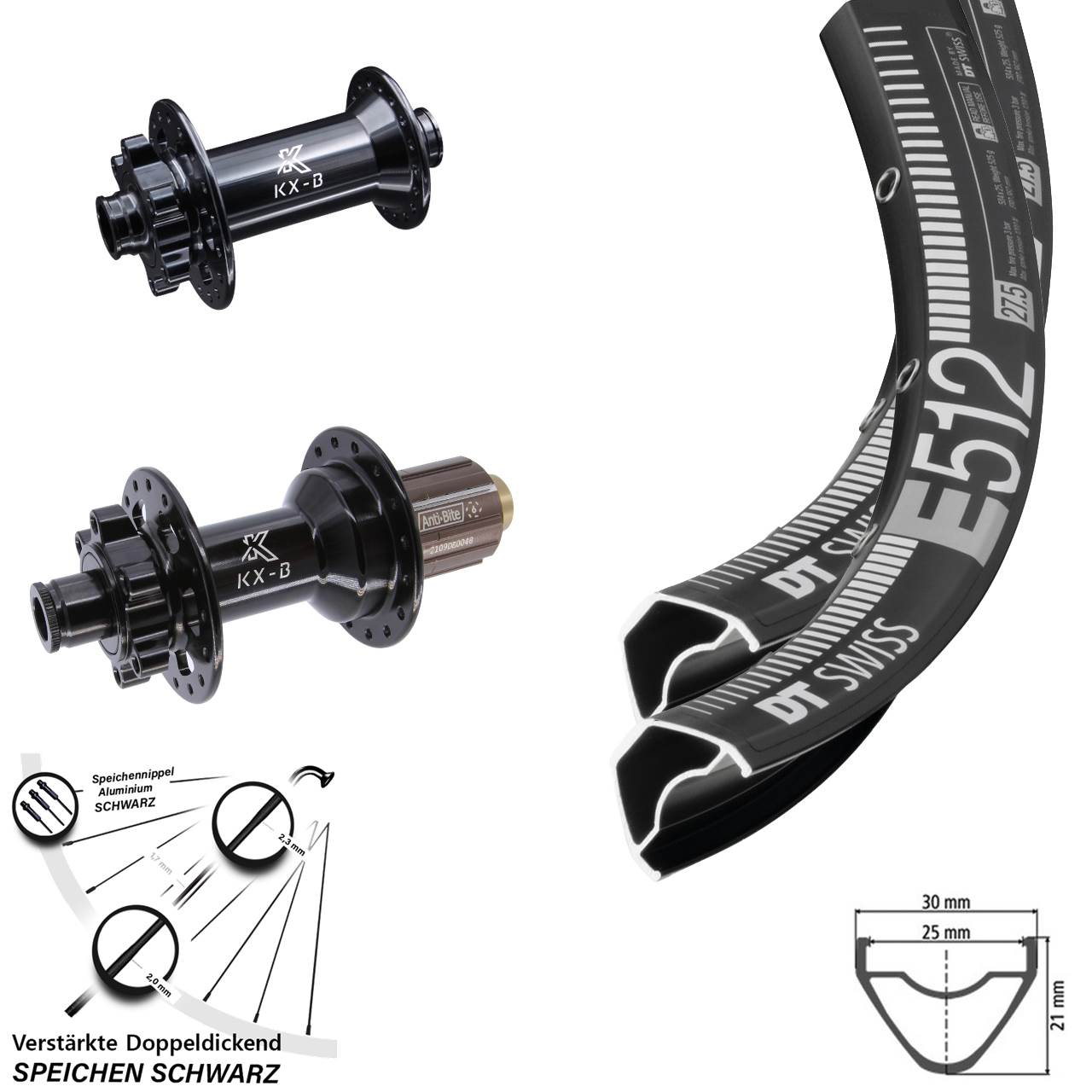 650B DT Swiss E512 KX-B Boost 6-Loch Laufrad-Satz 15x110 12x148 8-11 fach