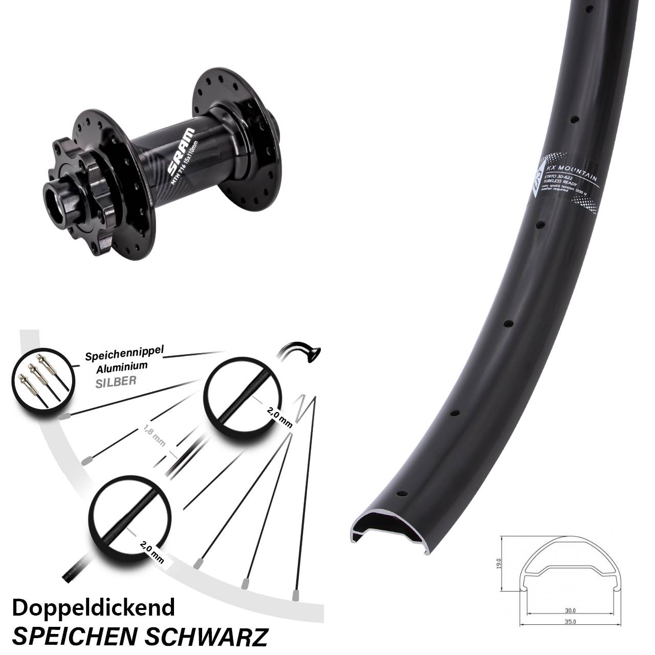 KX Mountain Sram 716 29 Zoll 6-Loch Vorderrad 15x110 Boost