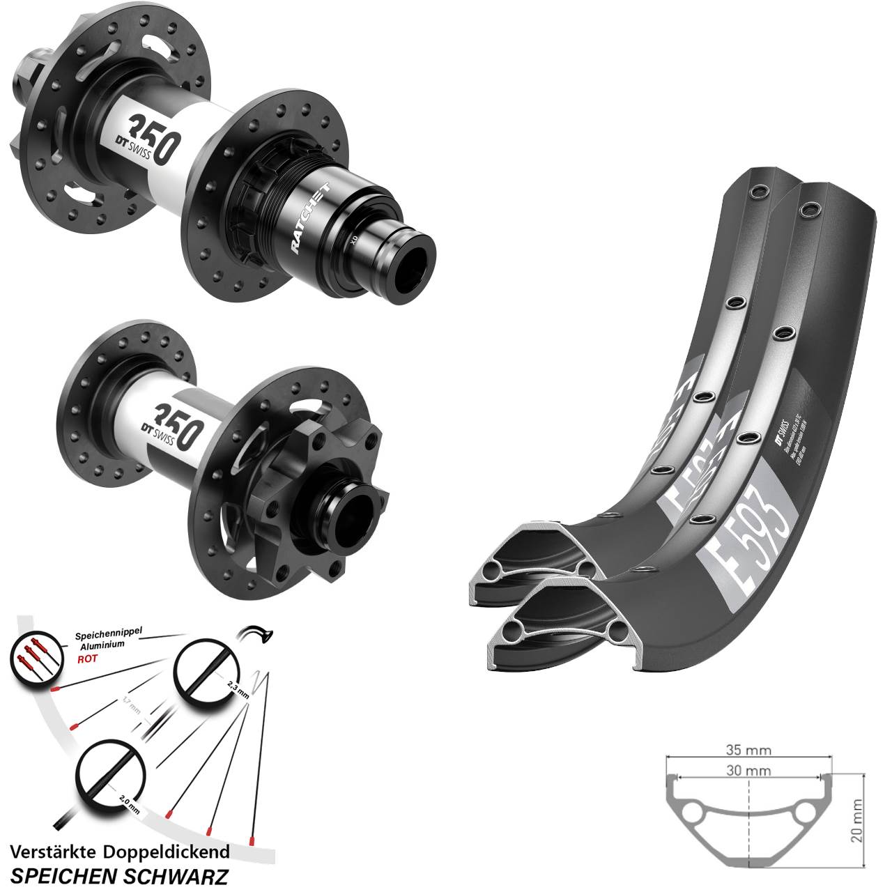 27,5 Zoll DT Swiss E593 350 DT Swiss 6-Loch Laufradsatz 15x110 12x148 Sram XD