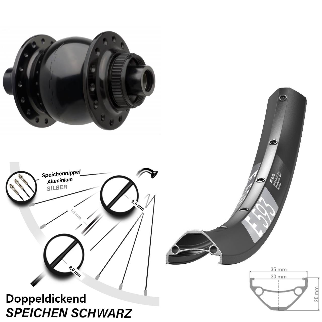 DT Swiss E 593 SON 28 29 Zoll Vorderrad Nabendynamo Centerlock Boost