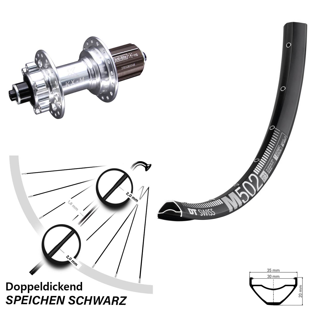 Laufrad 27,5 Zoll DT Swiss M 502 Disc KX-M 6-Loch 5/135 8-12 fach HG