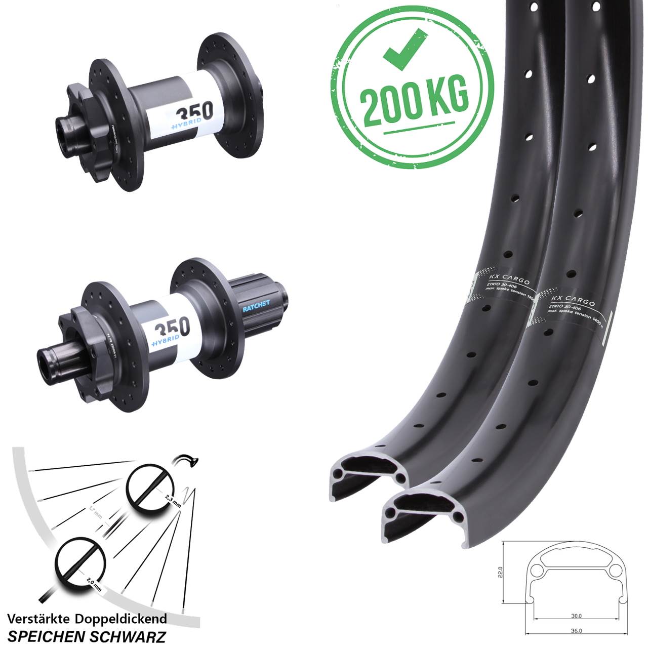 20 Zoll KX Cargo DT Swiss 350 Hybrid 6-Loch Laufradsatz 15x110 12x148 8-11 fach