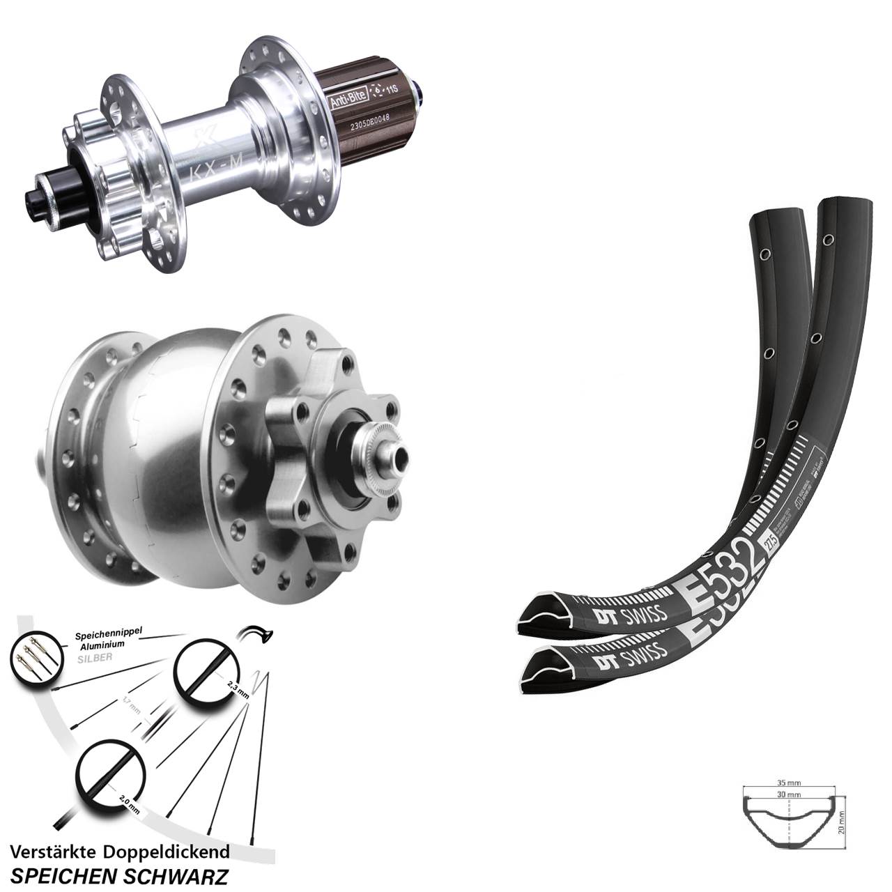 Disc Laufradsatz 27,5 Zoll DT Swiss E 532 KX-M SON 28 silbern 8-12 fach für Schnellspanner