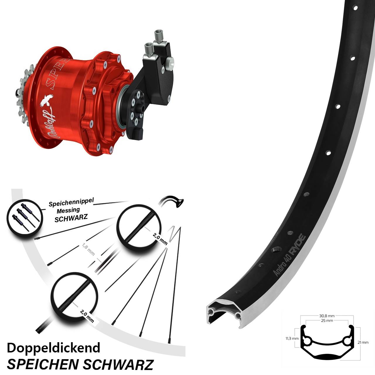 Ryde Andra 40 Hinterrad 28 Zoll mit Rohloff Speedhub CC OEM rot