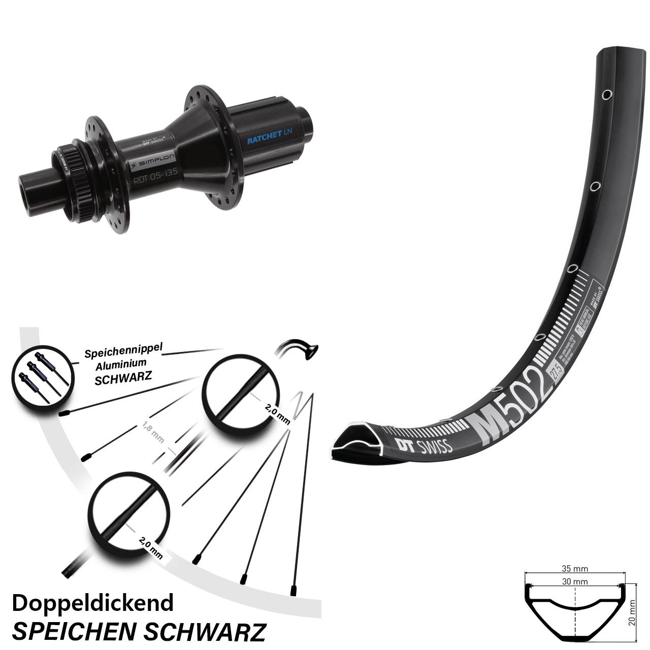 Disc Hinterrad 29 Zoll DT Swiss M 502-370 Hybrid 8-11 fach HG 12x142