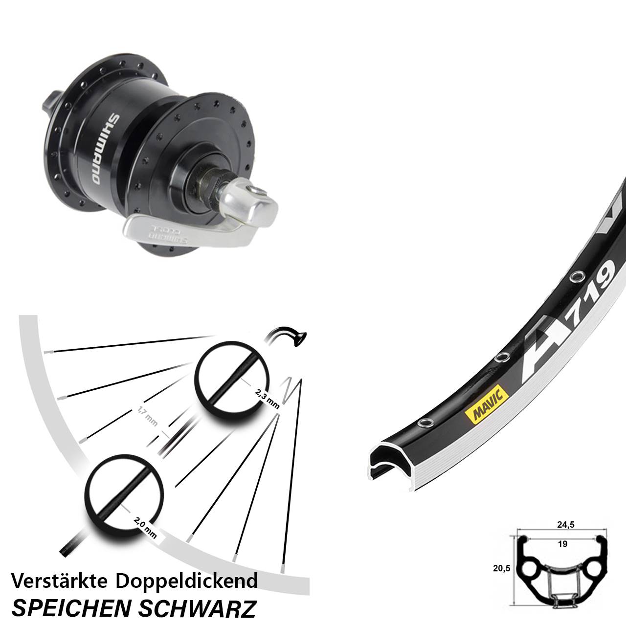 Mavic A 719 Shimano DH-3N72 28 Zoll Nabendynamovorderrad für Schnellspanner