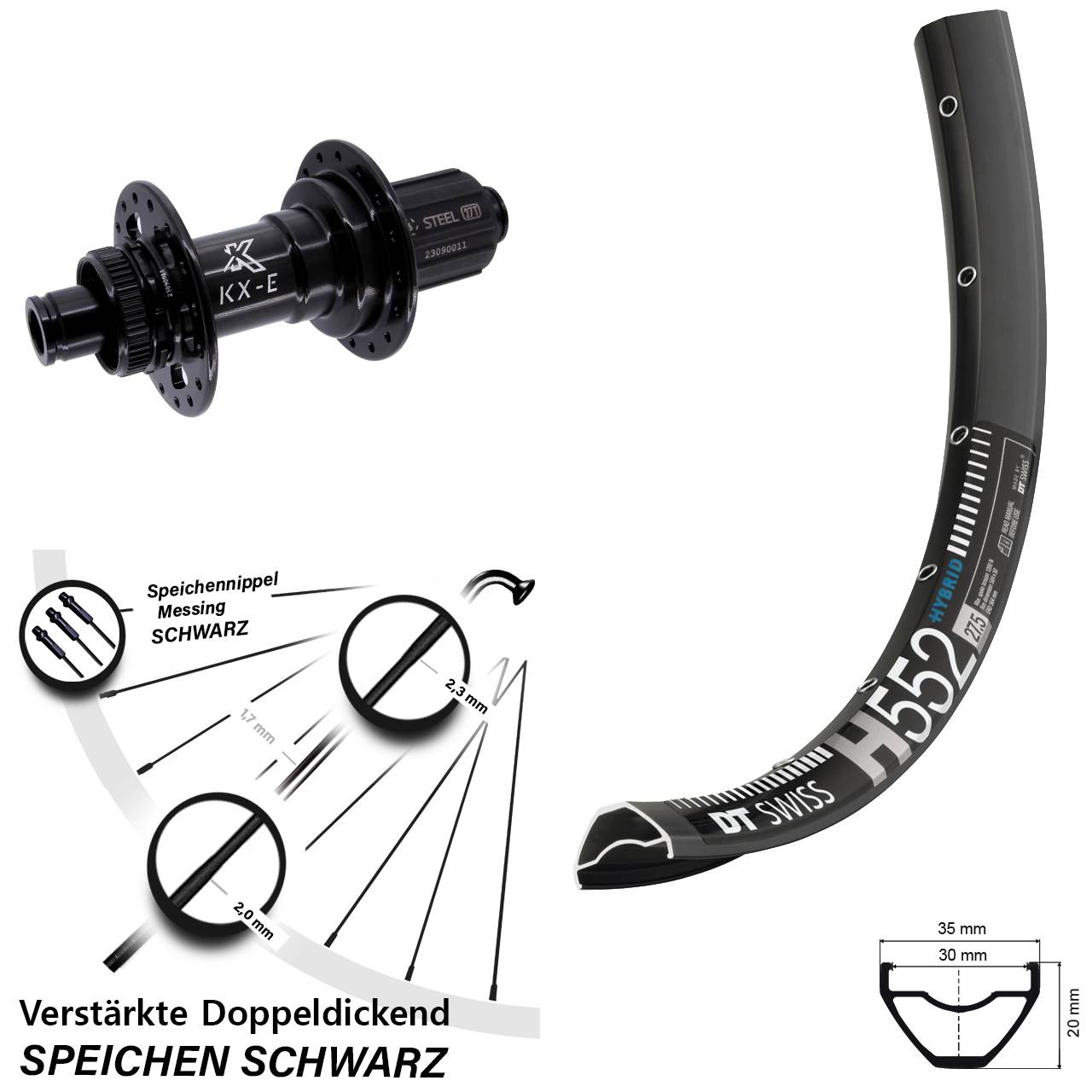Boost Hinterrad Centerlock 12x148 27,5 Zoll DT Swiss H552 KX-E Heavy Duty 8-12 fach