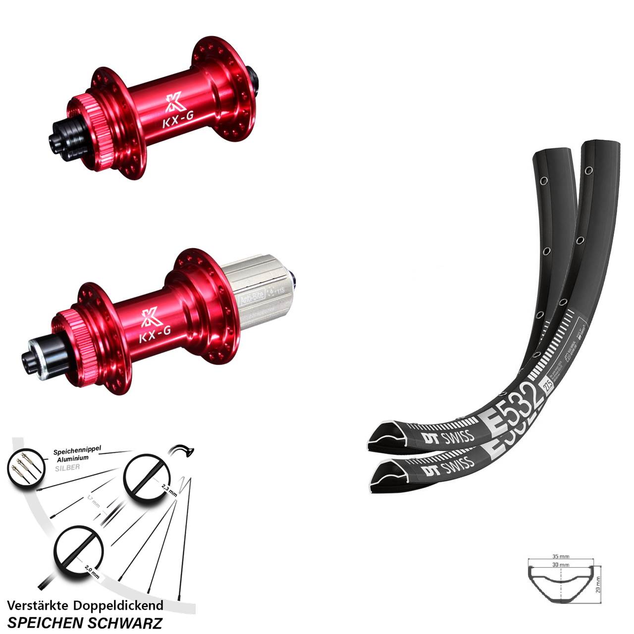 Disc Laufrad-Satz für Schnellspanner 29 Zoll DT Swiss E 532 KX-G rot 8-12 fach