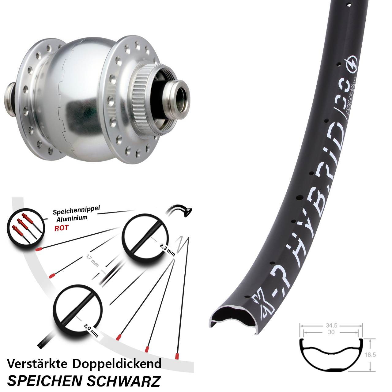 29 Zoll KX-R Hybrid 30 SON 28 silbern Dynamo-Vorderrad Centerlock 12x100