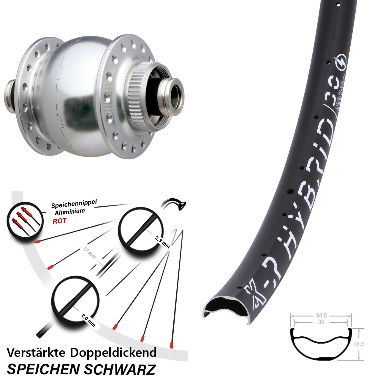 29 Zoll KX-R Hybrid 30 SON 28 silbern Dynamo-Vorderrad Centerlock 12x100