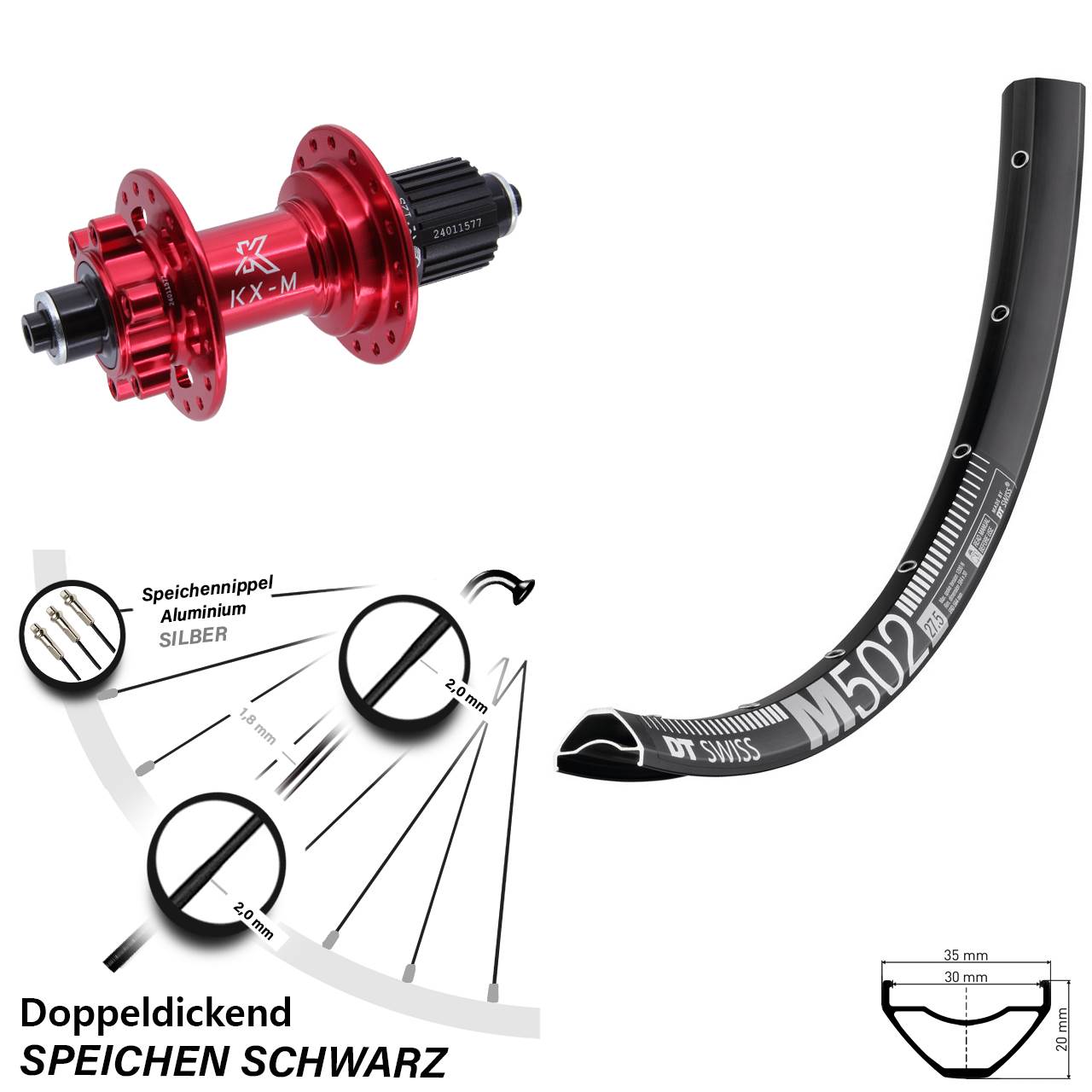 Disc Hinterrad 29 Zoll DT Swiss M 502 KX-M rot Micro Spline QR