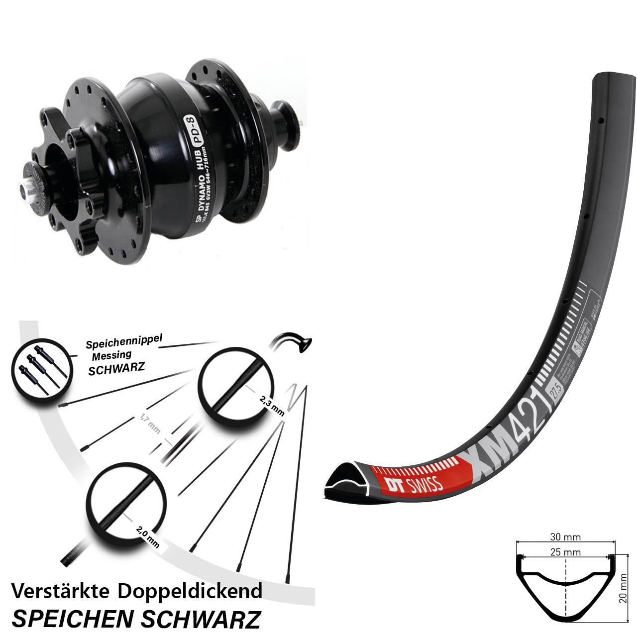 29 Zoll Nabendynamovorderrad 6-Loch DT Swiss XM421 Shutter PD-8 für Schnellspanner