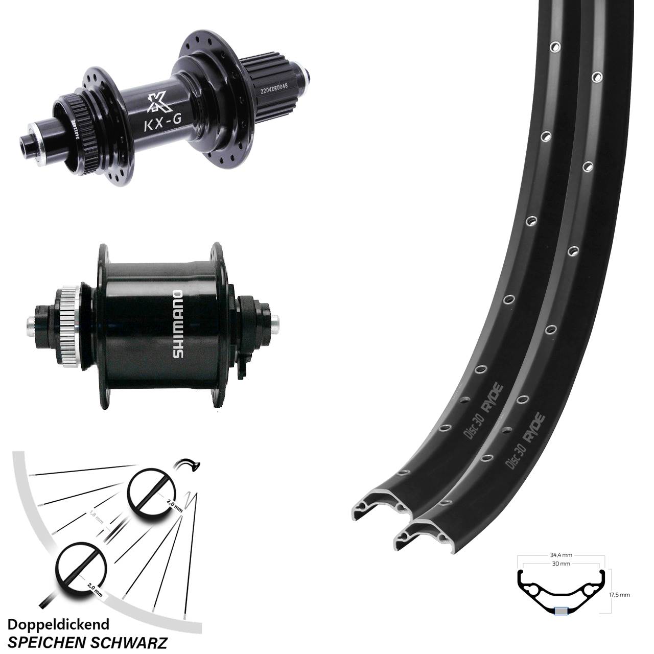 27,5 Zoll Ryde Disc 30 KX-GS Heavy Duty Shimano DH-UR700-3D Laufradsatz QR Micro Spline