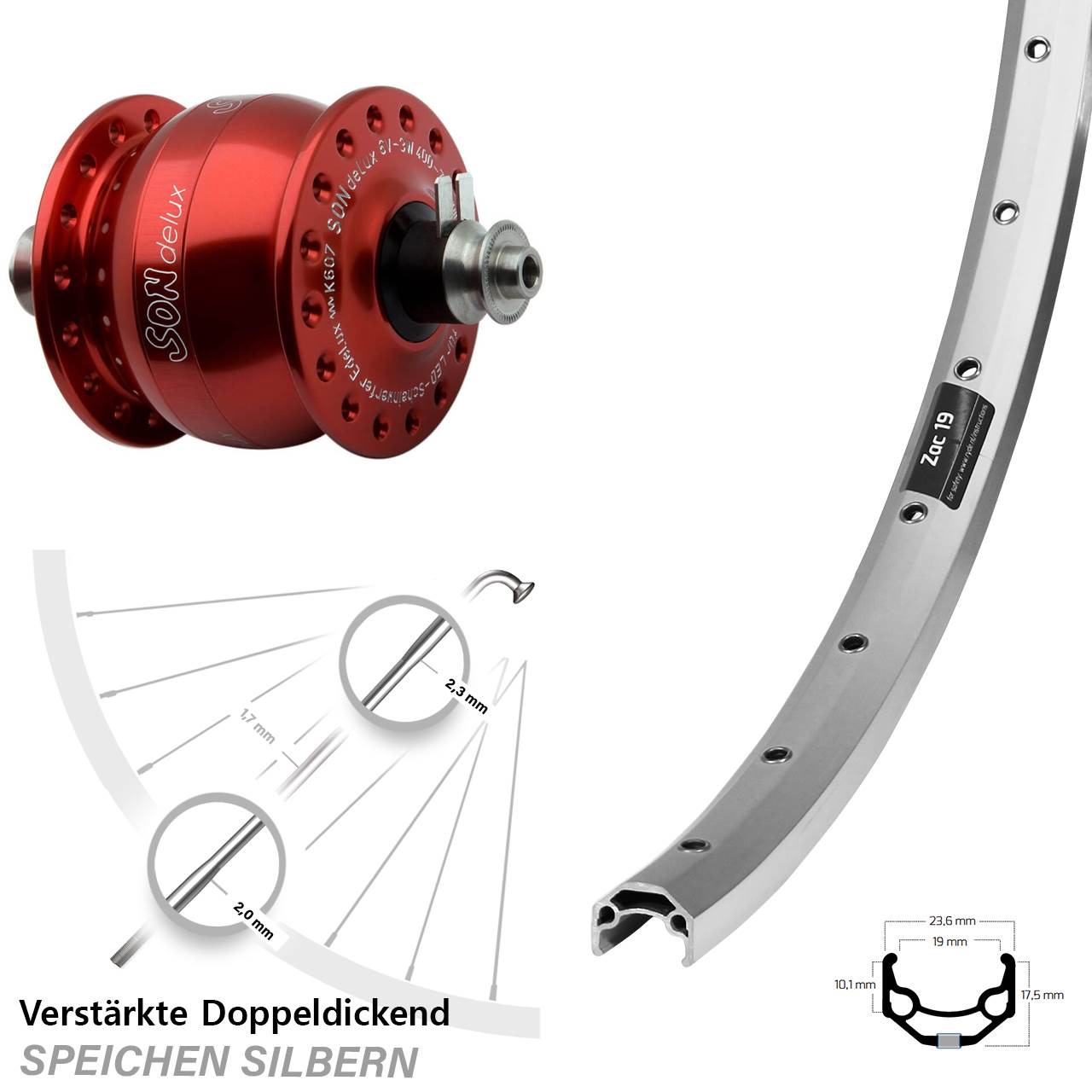 26 Zoll Ryde Zac 19 SON delux rot Vorderrad mit Nabendynamo QR