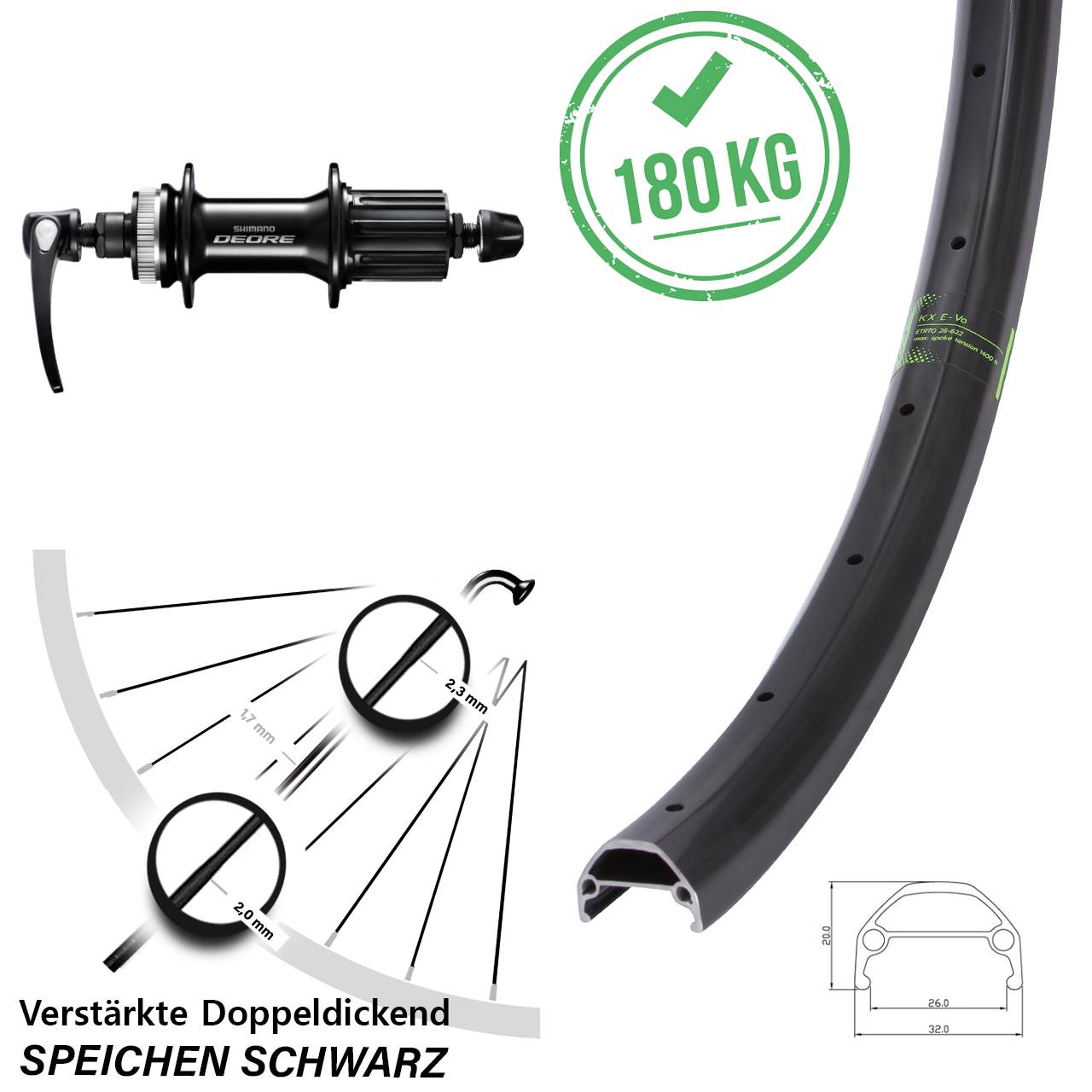 KX Evo Shimano Deore Hinterrad 26 Zoll 5x135 mm Centerlock 8-11 fach