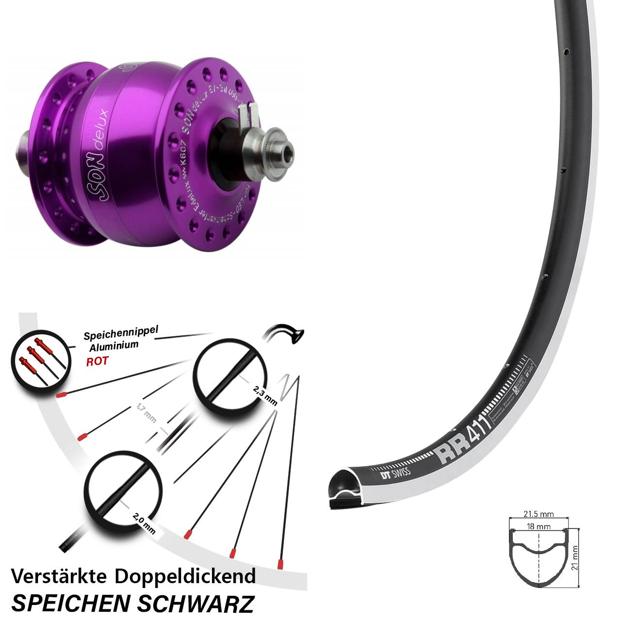 SONdelux violett DT Swiss RR411 28 Zoll Nabendynamovorderrad QR