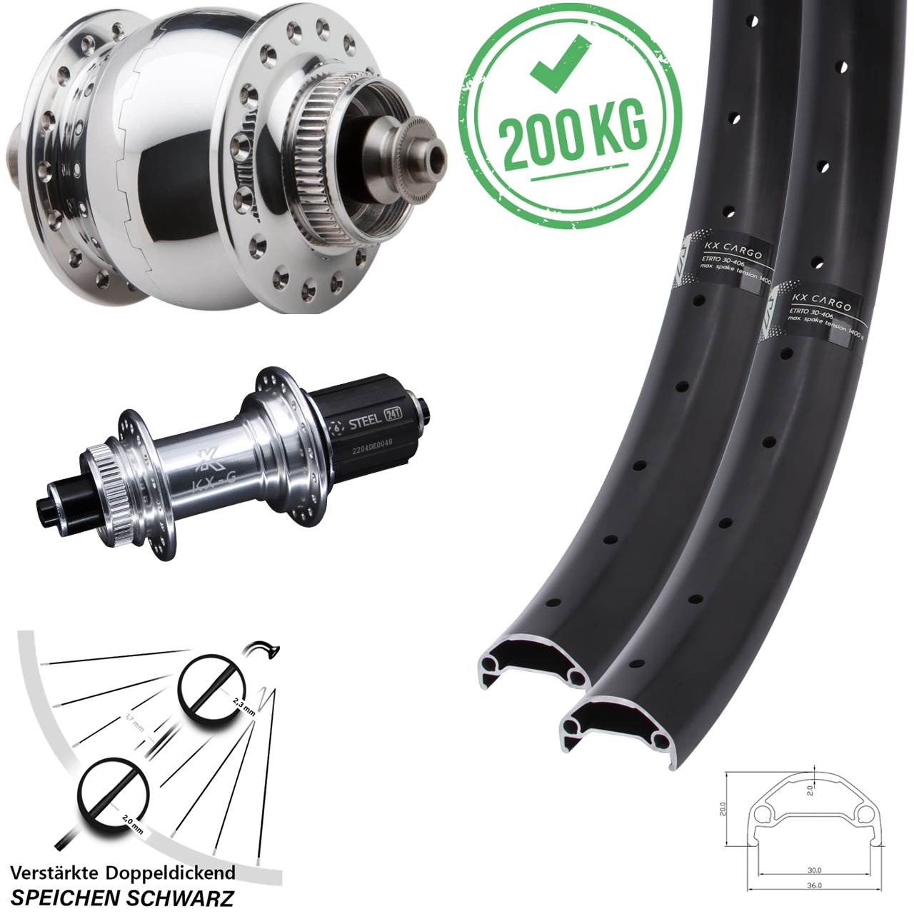 20/26 Zoll KX-GS Cargo verstärkt SON 28 poliert Centerlock Laufradsatz 8-12 fach QR