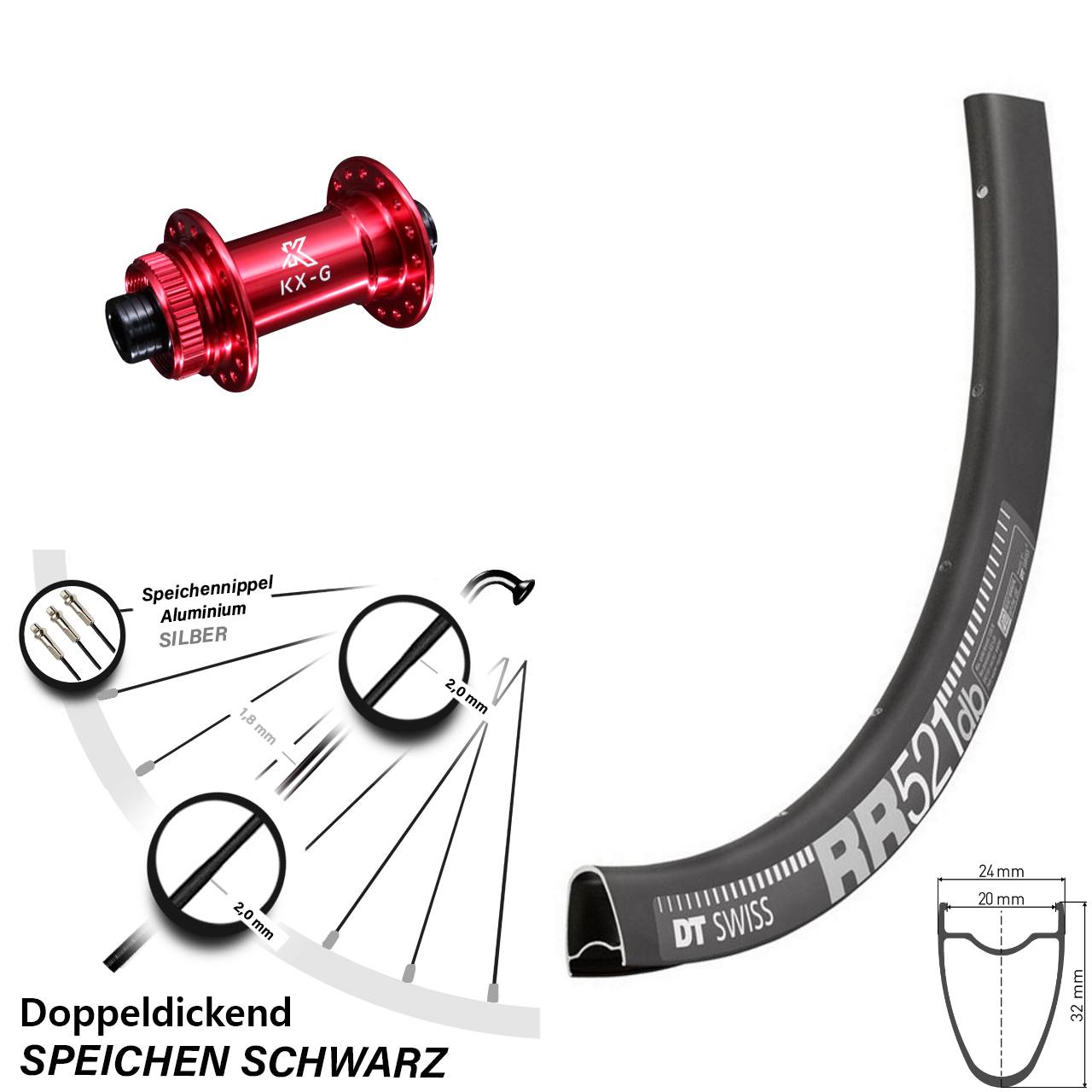 Vorderrad 28 Zoll DT Swiss RR 521 DB Nabe rot-eloxiert KX-G für Steckachse