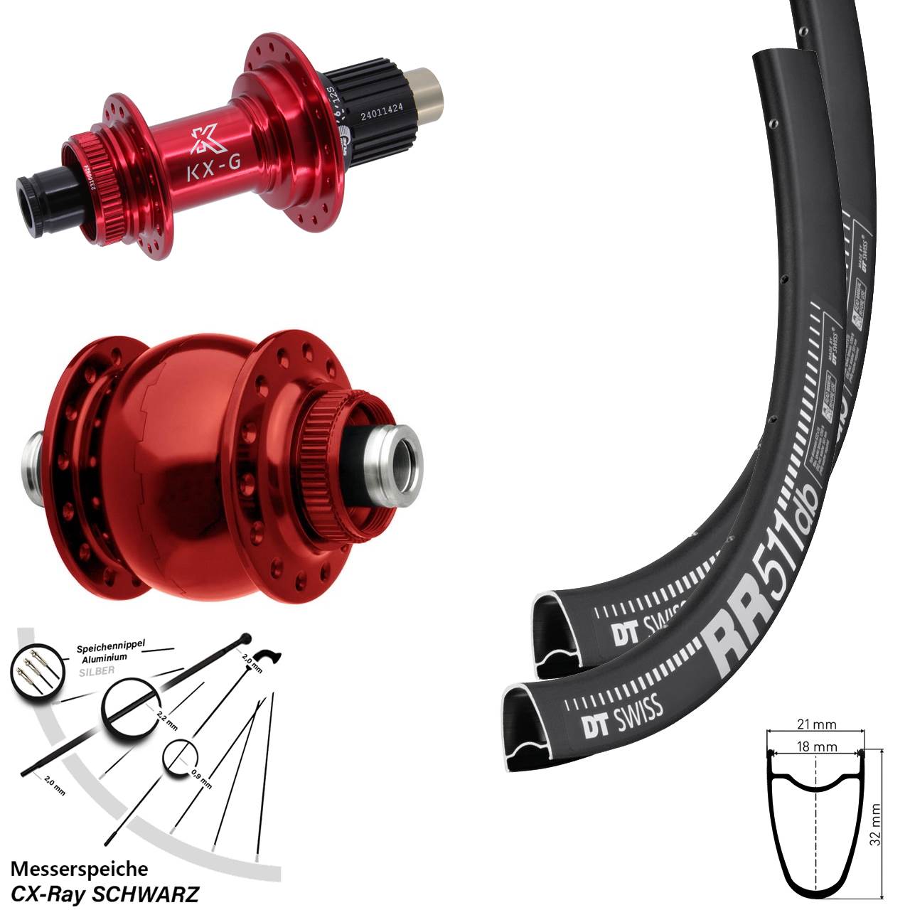 Disc Laufradsatz 28 Zoll DT Swiss RR511 KX-G rot SON 28 Micro Spline 12x100/142 CX-Ray