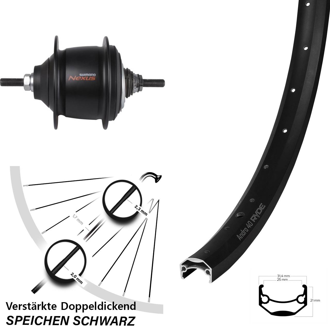 Hinterrad 28 Zoll Ryde Andra 40 Shimano Nexus 8 Gang Premium für Rollenbremse
