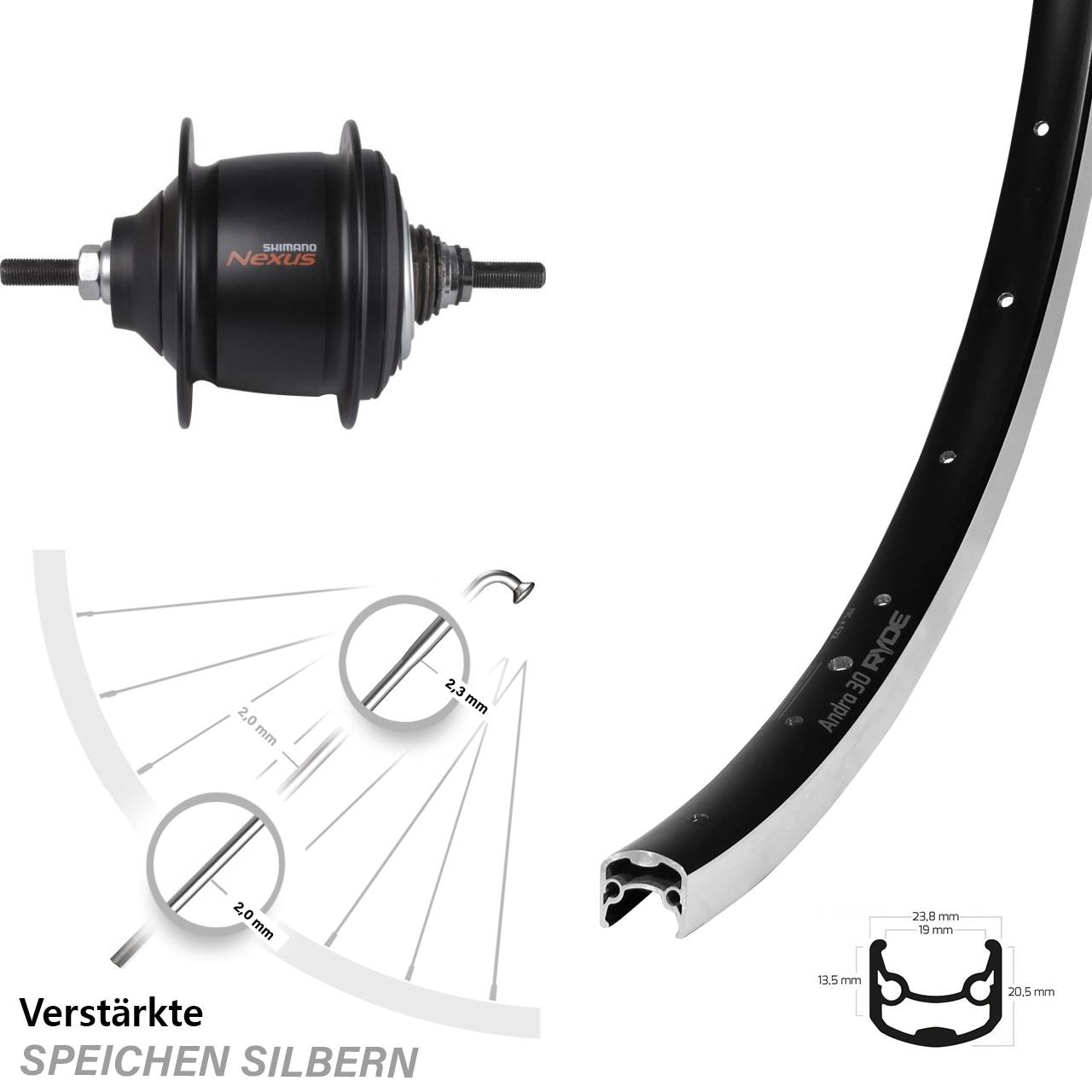 28 Zoll Ryde Andra 30 Shimano Nexus 8-Gang Premium Hinterrad
