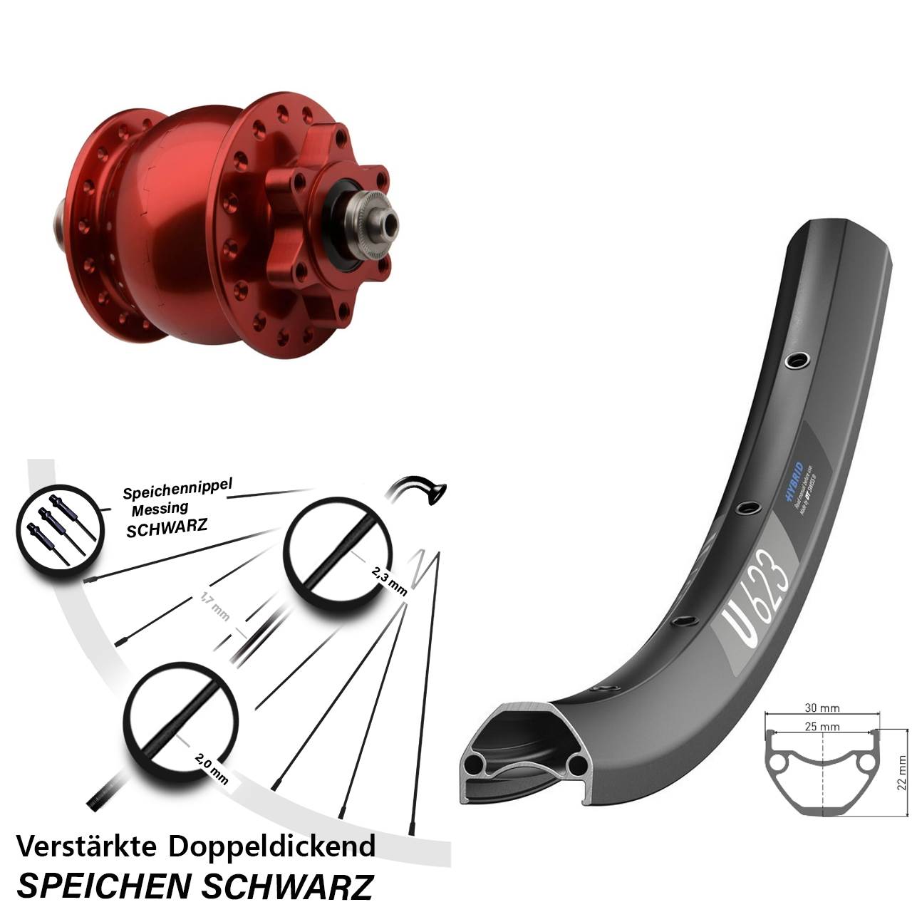 6-Loch Vorderrad mit Nabendynamo für Schnellspanner 28-29 Zoll DT Swiss U623 SON 28 rot