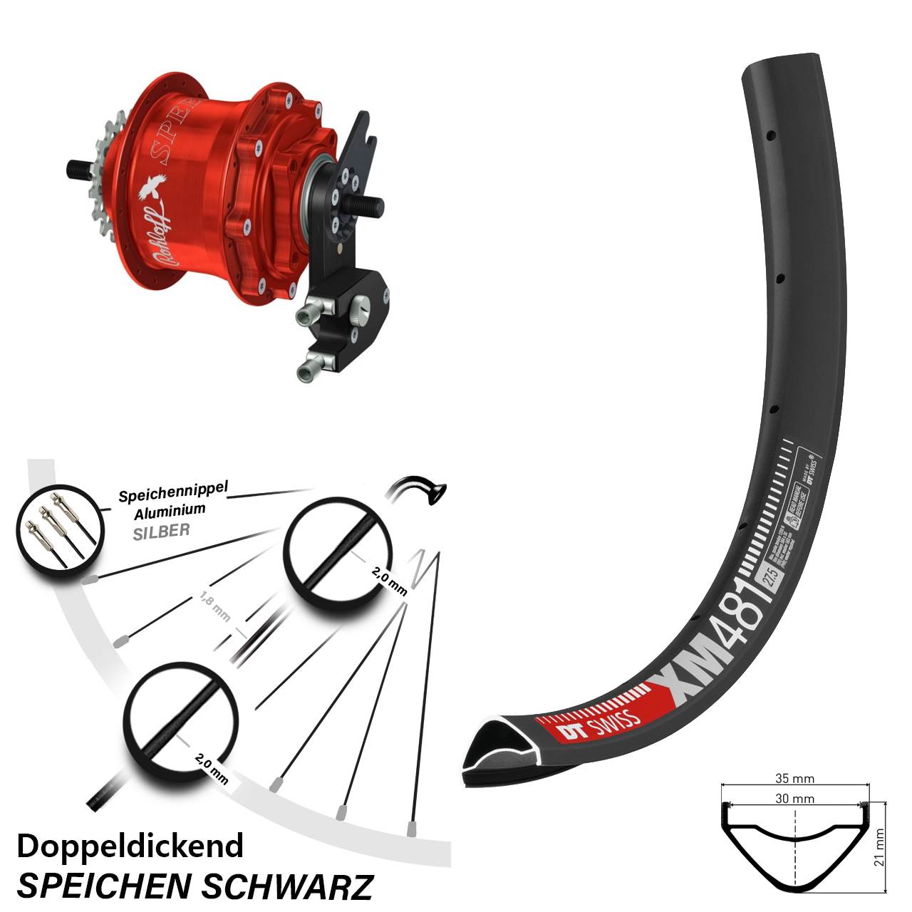 27,5 Zoll DT Swiss XM 481 Rohloff TS DB OEM2 Tandem rot