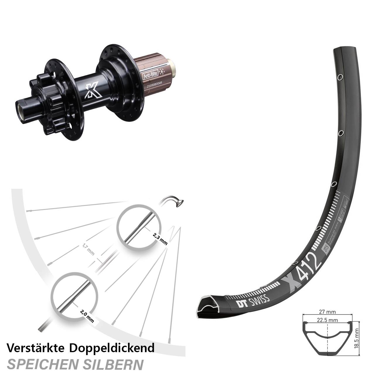 DT Swiss X412 KX-M Shimano Anti-Bite 29 Zoll Hinterrad 6-Loch 12x142 8-12 fach HG
