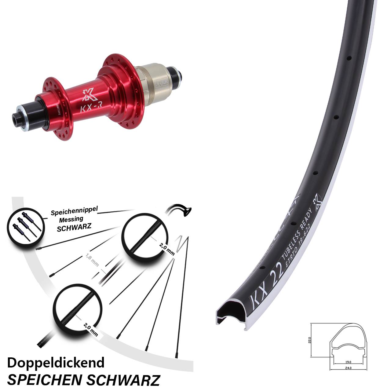 Laufrad hinten 28 Zoll KX 22 OS KX-R rot QR