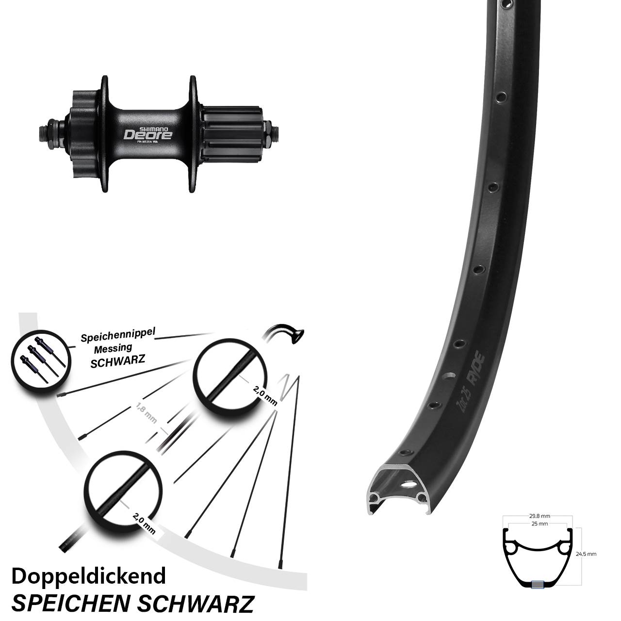 28-29 Zoll Ryde ZAC 25 Shimano FH-M525 Disc Hinterrad QR 8-11 fach HG