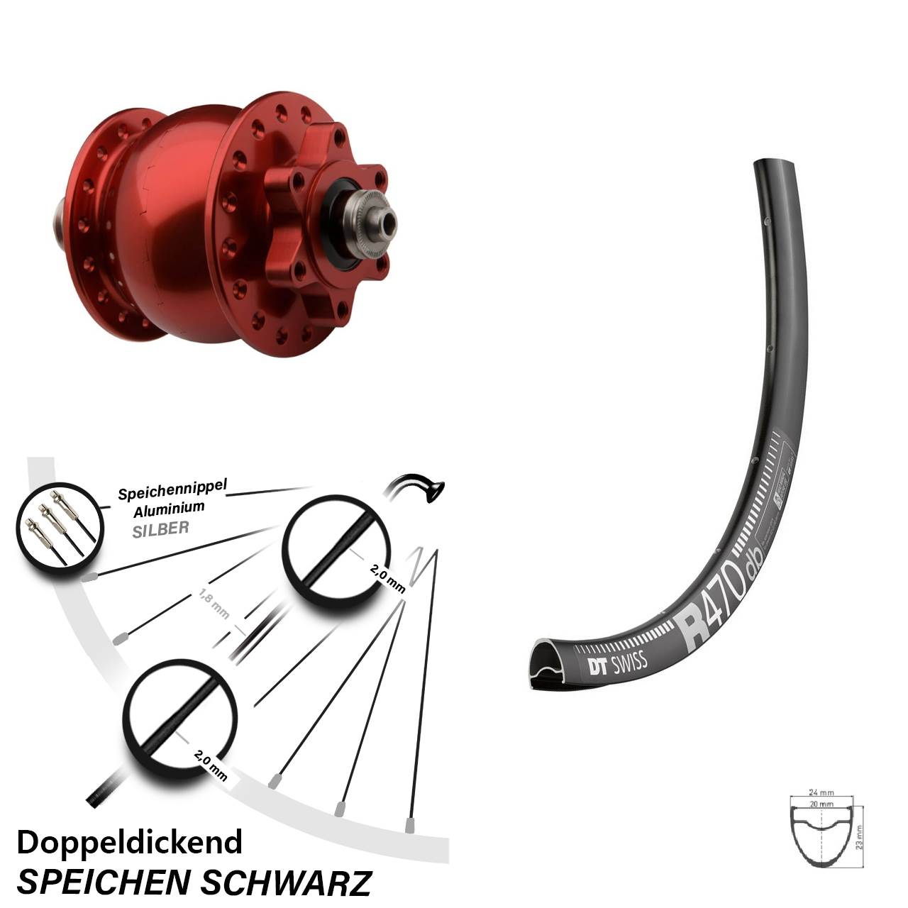 Nabendynamo 6-loch DT Swiss R 470 DB rot eloxierter SON 28 Zoll Vorderrad