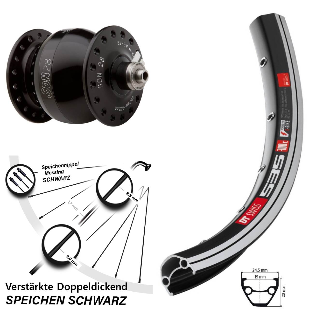 Son Nabendynamo DT Swiss 535 Vorderrad 28 Zoll schwarz verstärkt