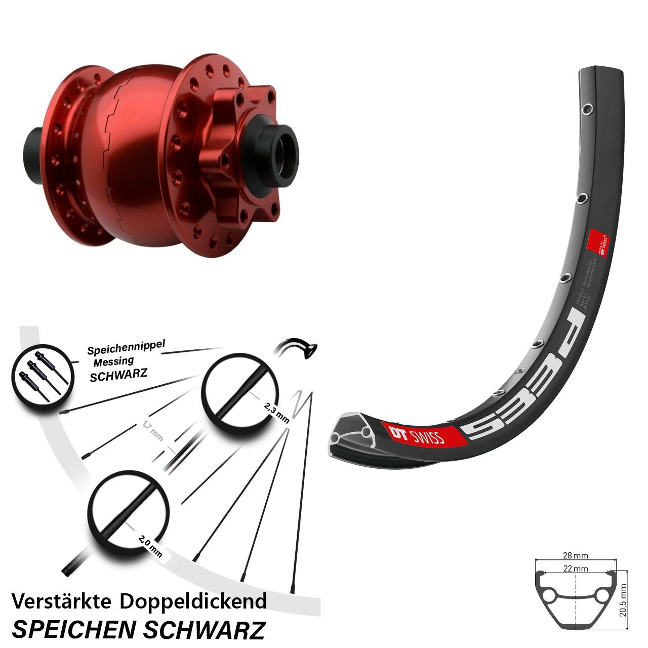 Vorderrad DT Swiss 533D Disc SON 28-15 6-Loch Steckachse 100 rot eloxiert