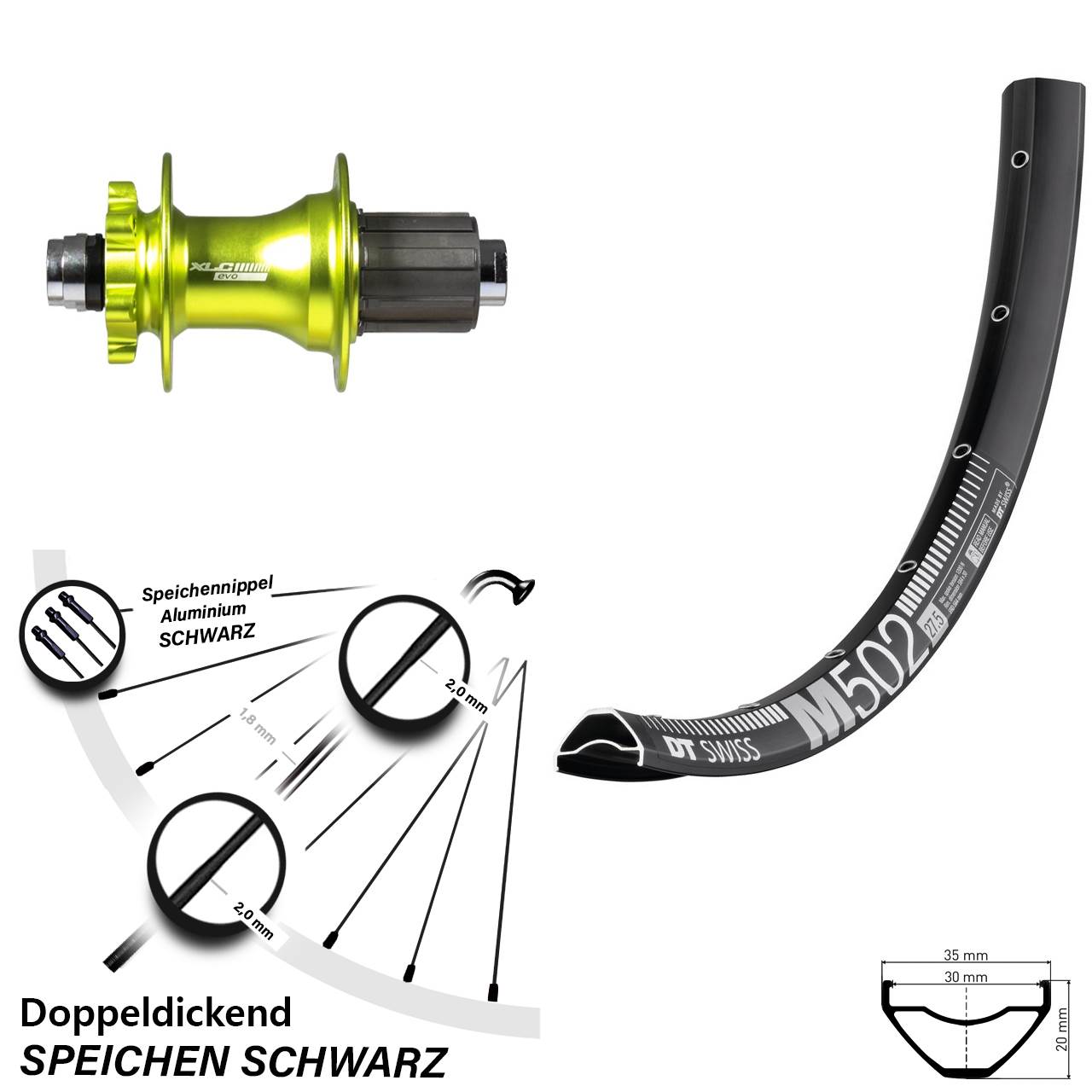 Hinterrad XLC Evo grün Steckachse DT Swiss M 502 29 Zoll 8-11 fach