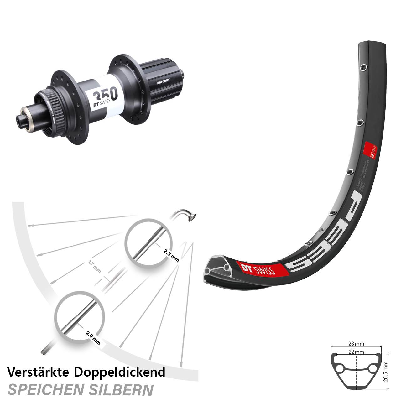 28-29 Zoll DT Swiss 533d-350 Ratchet 36 Hinterrad Centerl. für Schnellspanner 8-11 fach HG