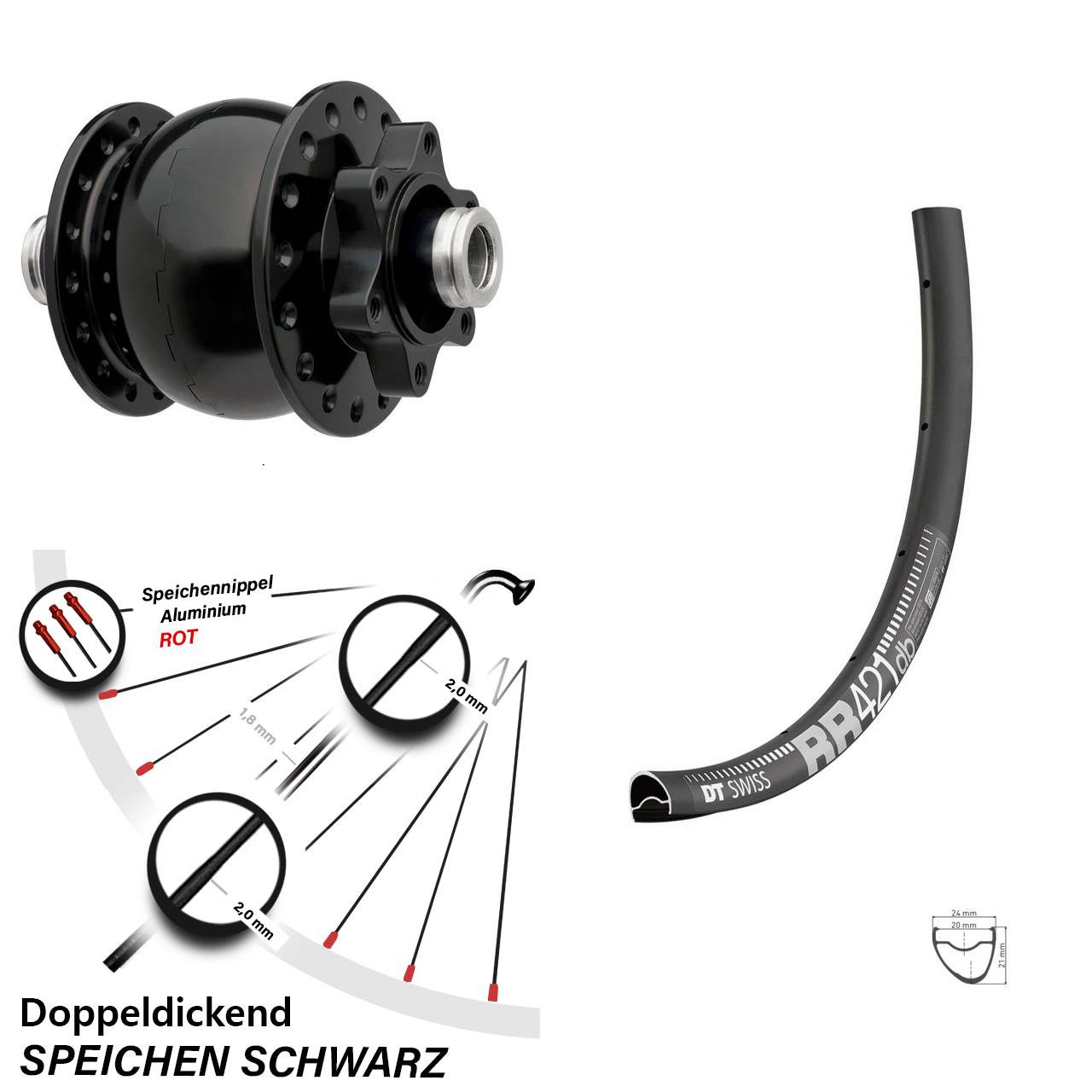 SON 28 Zoll Vorderrad Road Disc Nabendynamo 12 Steckachse 6-loch DT Swiss RR 421 DB