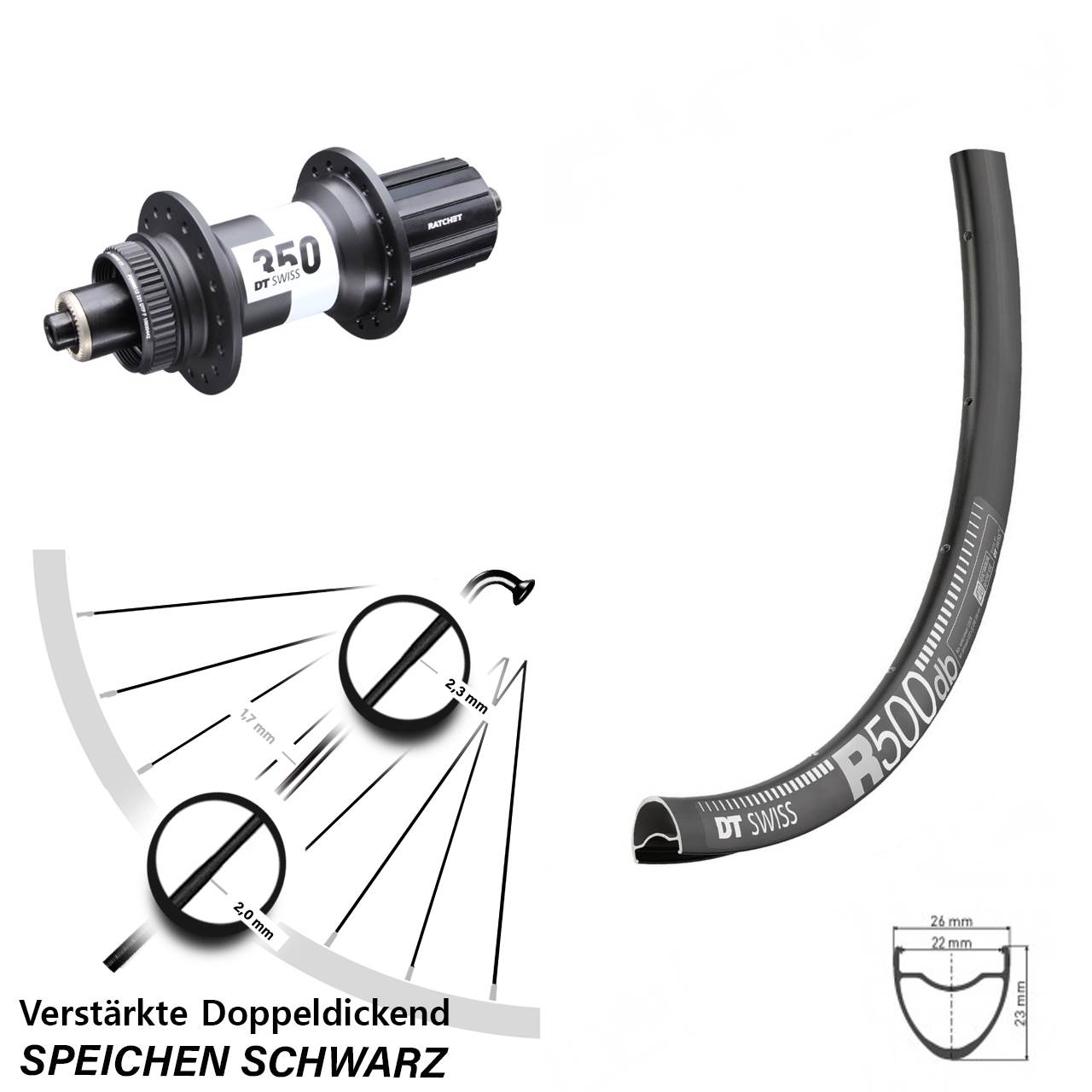 29 Zoll DT Swiss R500-350 Disc Hinterrad für Schnellspanner 11-12 fach