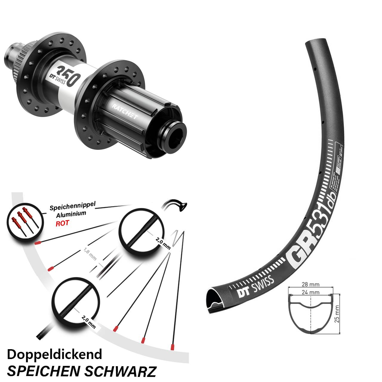 28 Zoll DT Swiss GR 531-350 Disc Laufrad 12x142 8-11 fach