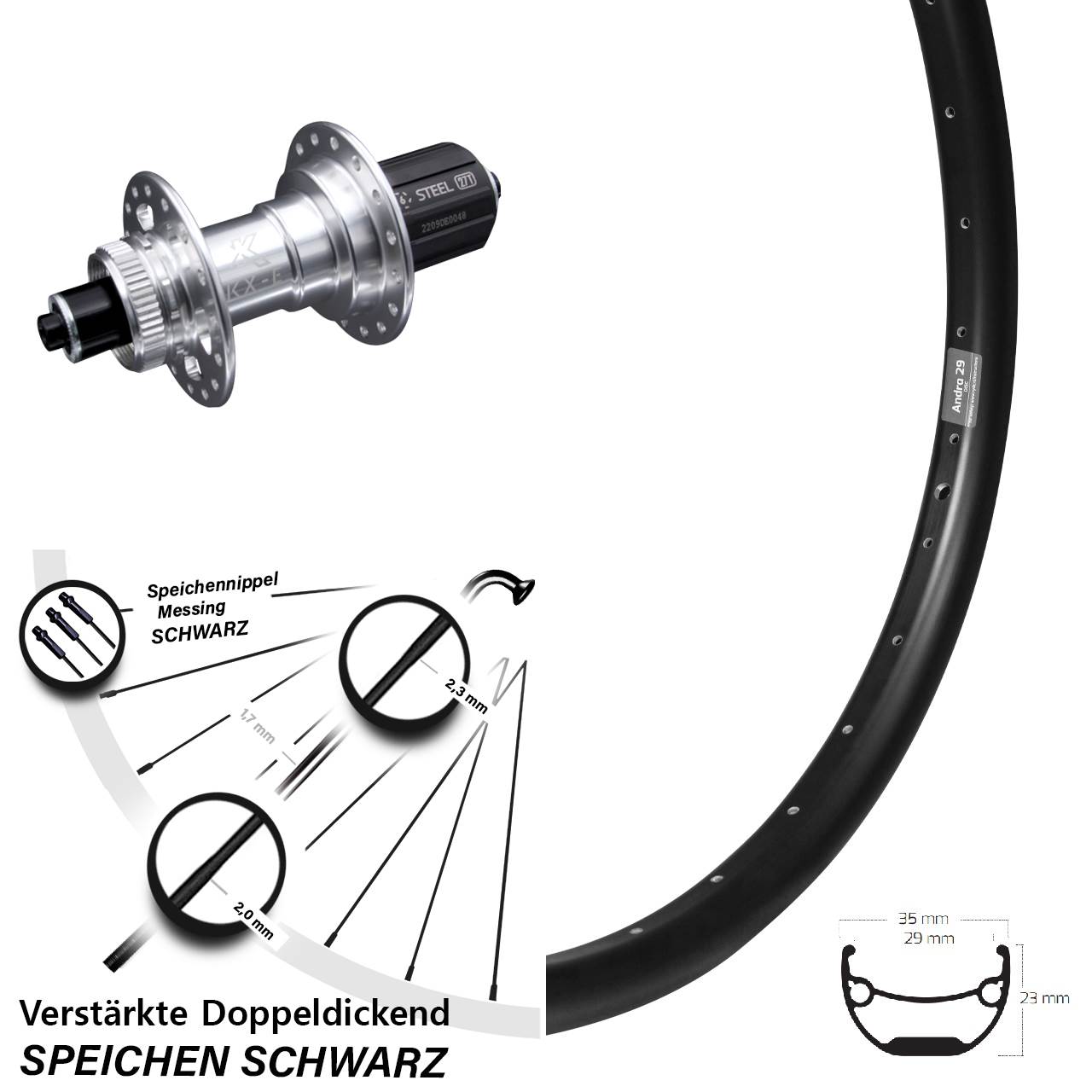 Hinterrad verstärkt KX-E Nabe silbern 5x135 mm Ryde Andra 29 Zoll Schnellspanner 8-12 fach
