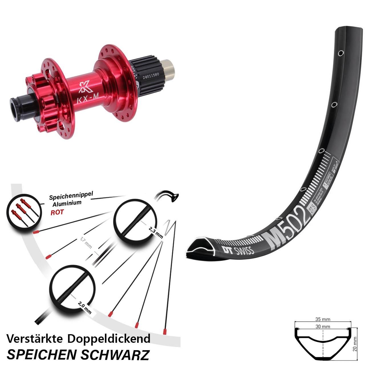 DT Swiss M 502 KX-M rot 27,5 Zoll Disc Hinterrad 12x142 Shimano Micro Spline