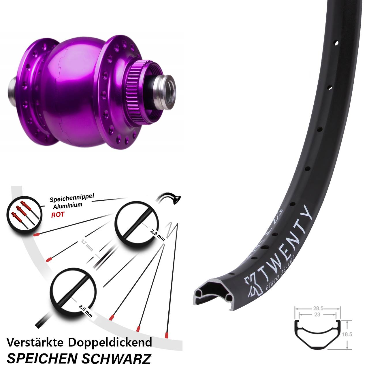 Centerlock Dynamo-Vorderrad 12x100 20 Zoll KX Twenty SON 28 violett