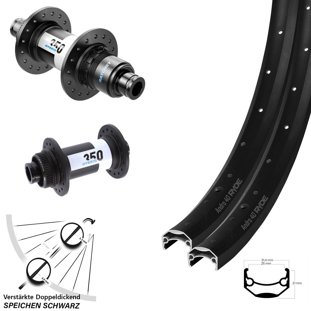 Ryde Andra 40 DT Swiss 350 Hybrid 26 Zoll Disc Laufrad-Satz 15x110 12x148 Boost SRAM XD