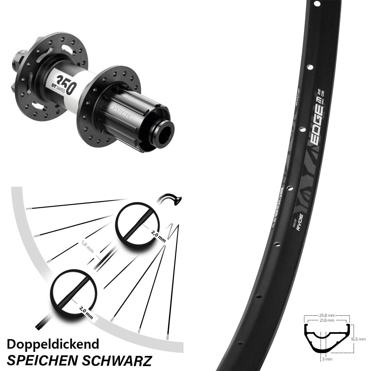 Ryde Edge M22 DT Swiss 350 28 Zoll Disc Hinterrad 12x148 Boost 8-11 fach HG