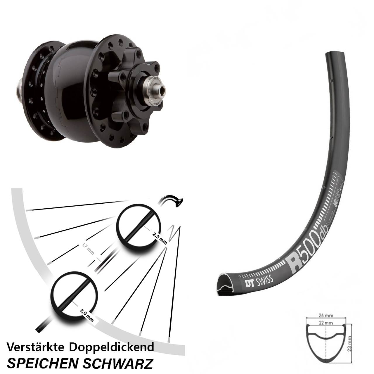 6-Loch Vorderrad mit Nabendynamo für Schnellspanner 29 Zoll DT Swiss R 500 SON 28